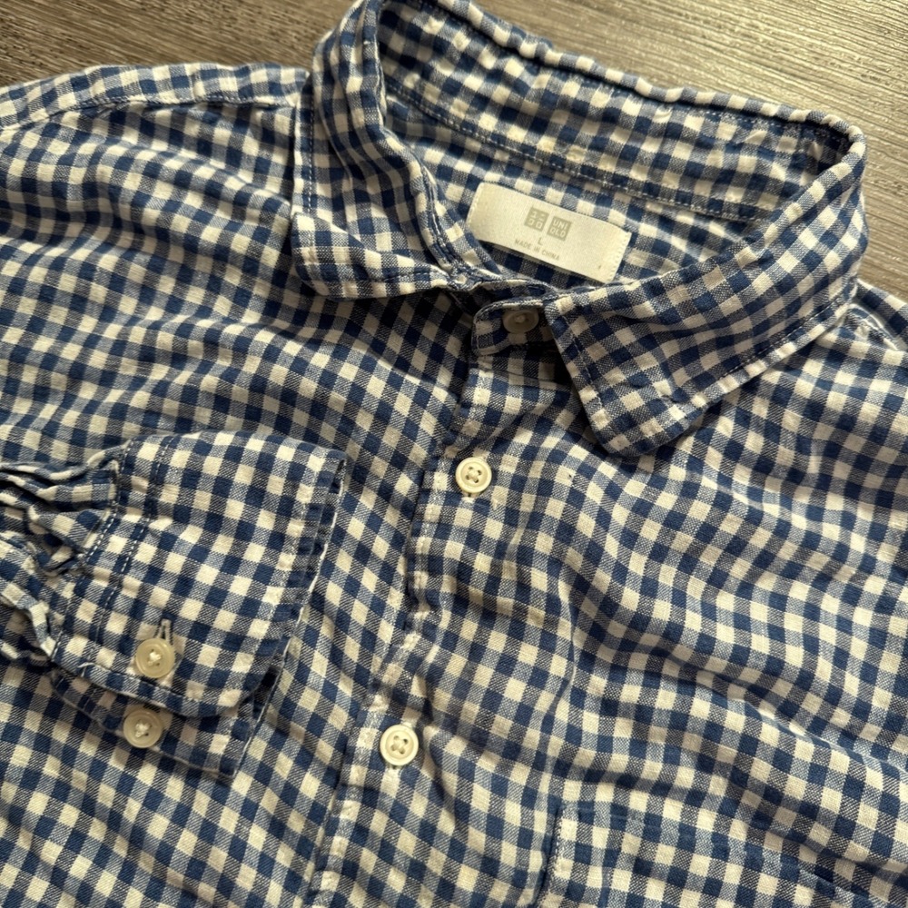 Uniqlo Shirt Mens L Blue Gingham Check 100% Linen Preppy Costal Flowy Vacation
